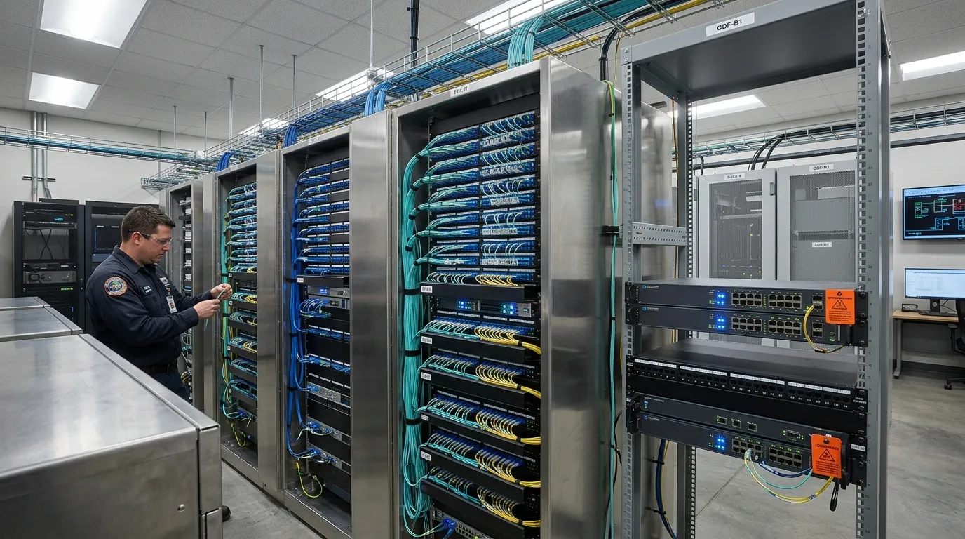 Substation control room fiber optic patch panels and ODF frames with neatly routed LC jumper cables in a modern IEC 61850 automation installation
