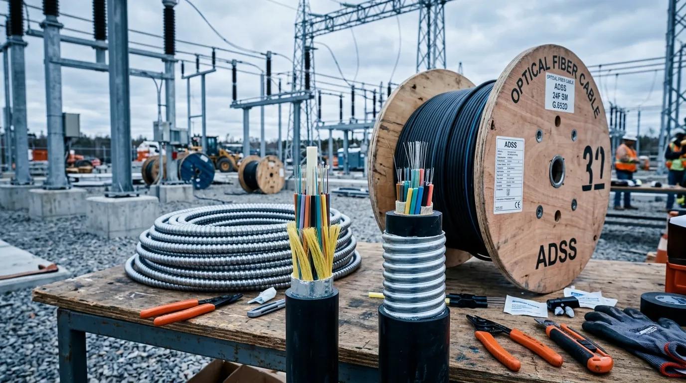 ADSS all-dielectric fiber optic cable on a drum beside steel-tape armored outdoor cable, with loose tubes and aramid yarn construction visible for substation cabling