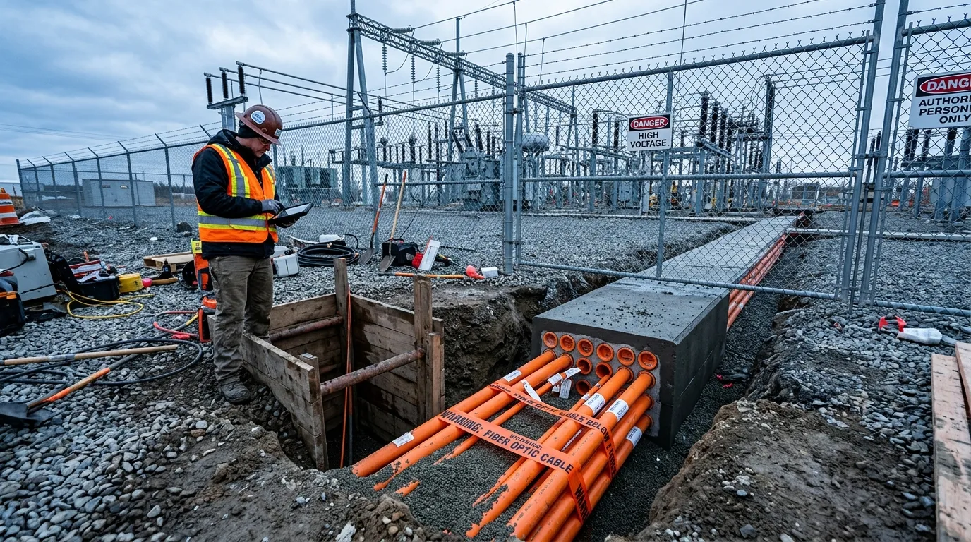 Concrete-encased fiber optic duct bank entering a substation yard through the perimeter fence, with conduit markers and warning tape visible in an open trench