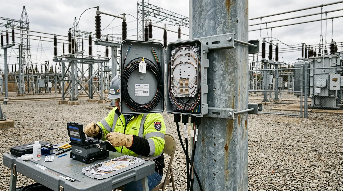 Fiber optic splice closure mounted on a steel post in a substation yard while a technician splices fibers with a fusion splicer on a workbench