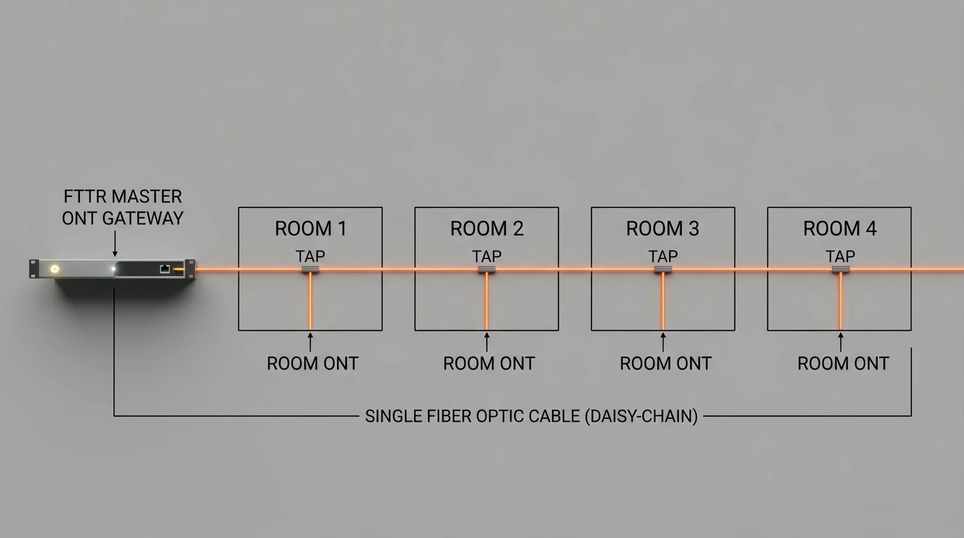 FTTR bus topology diagram showing a single fiber daisy-chained through rooms with tap points at each slave ONT