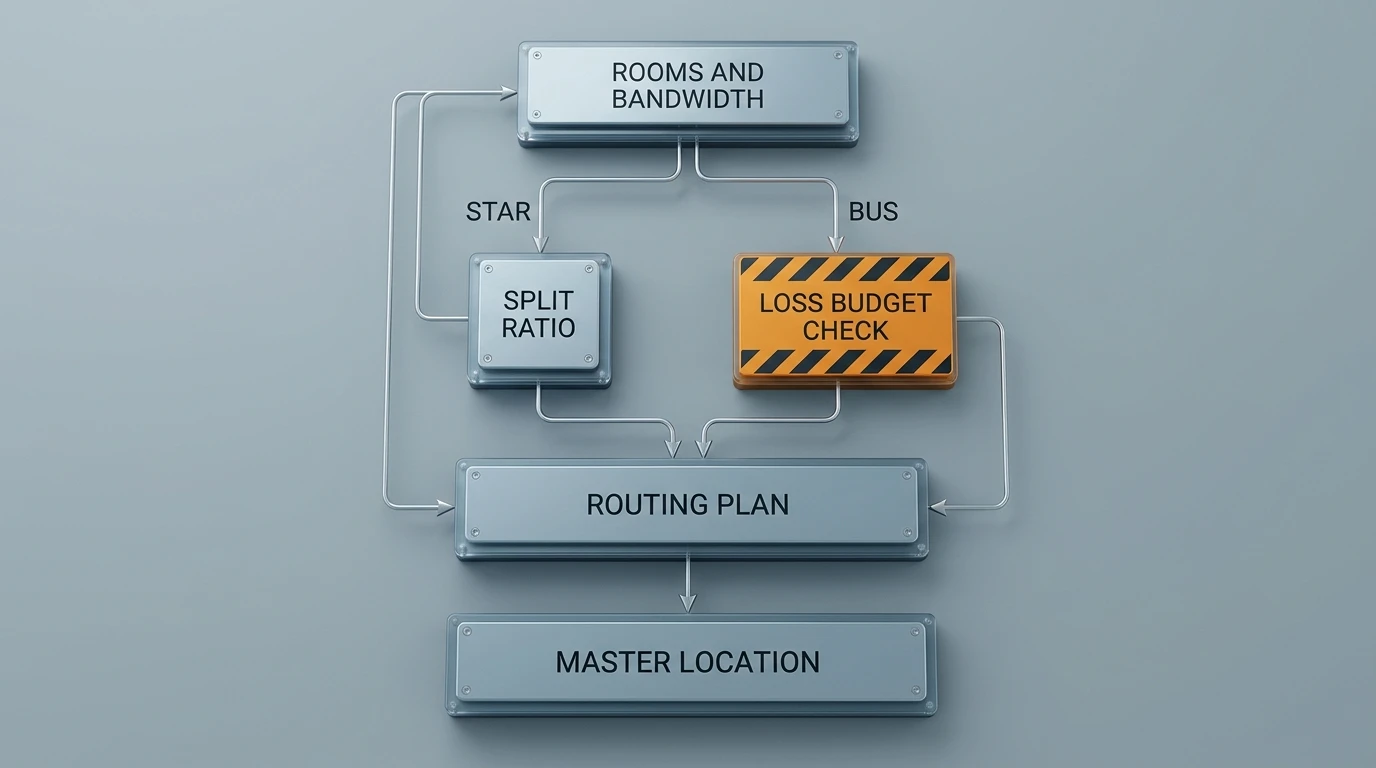 FTTR topology design decision flow from room count and bandwidth to star or bus topology, split ratio, routing plan, and master location