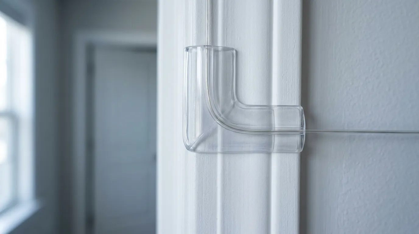 Transparent corner protector guiding a fiber optic cable around a door frame corner, photorealistic close-up